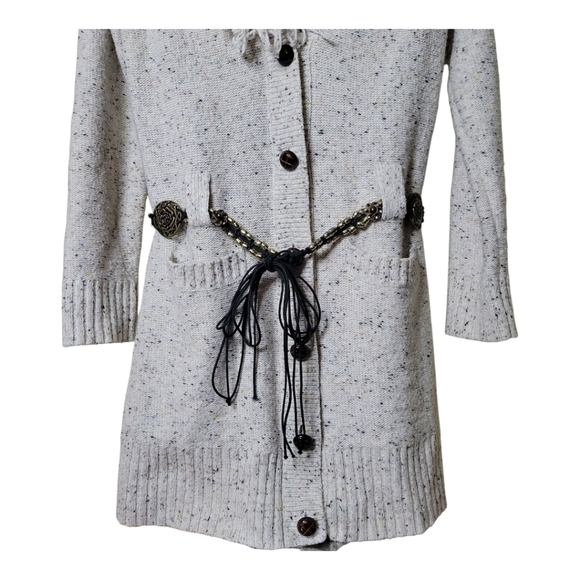 Wet Seal Belted Tunic Length Button Front Cardigan with Fringe Neckline - Picture 3 of 8